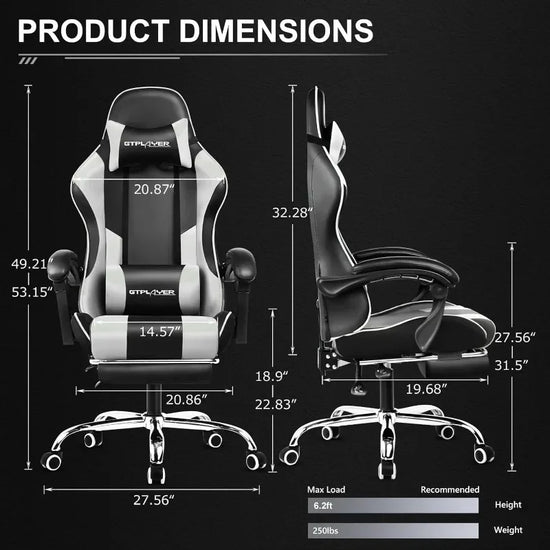 GTPLAYER Gaming Chair, Computer Chair with Footrest and Lumbar Support, Height Adjustable Game Chair with 360°-Swivel Seat