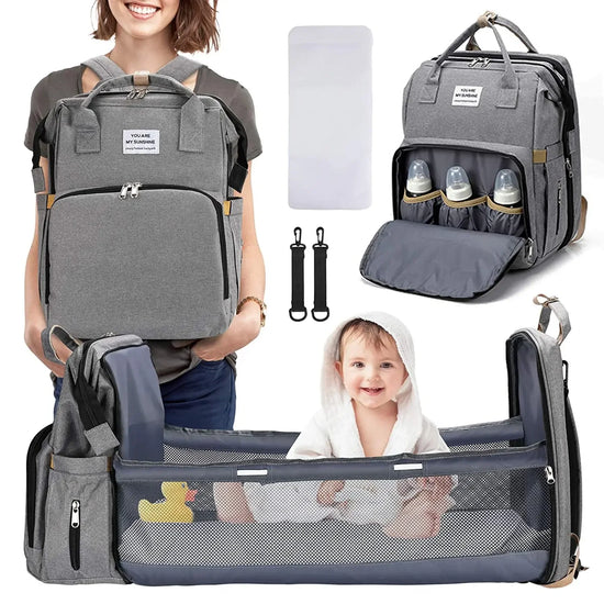 Foldable Diaper Bag Baby Bed Bags Crib Travel  Backpack with Changing Station Insulated Pocket Large Capacity